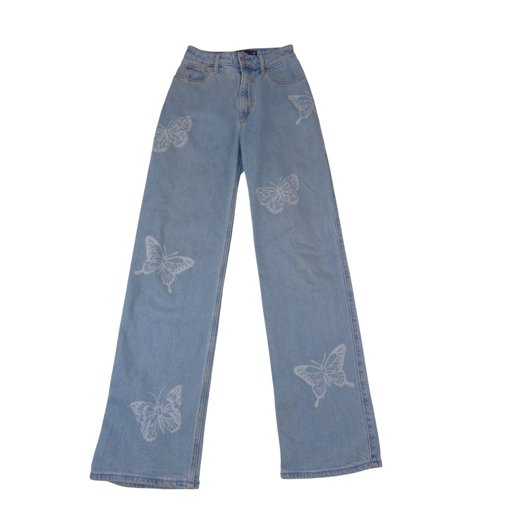 Hollister Ultra High-Rise Dad Jeans Light Wash Butterfly Print Blue W24 L31 3598